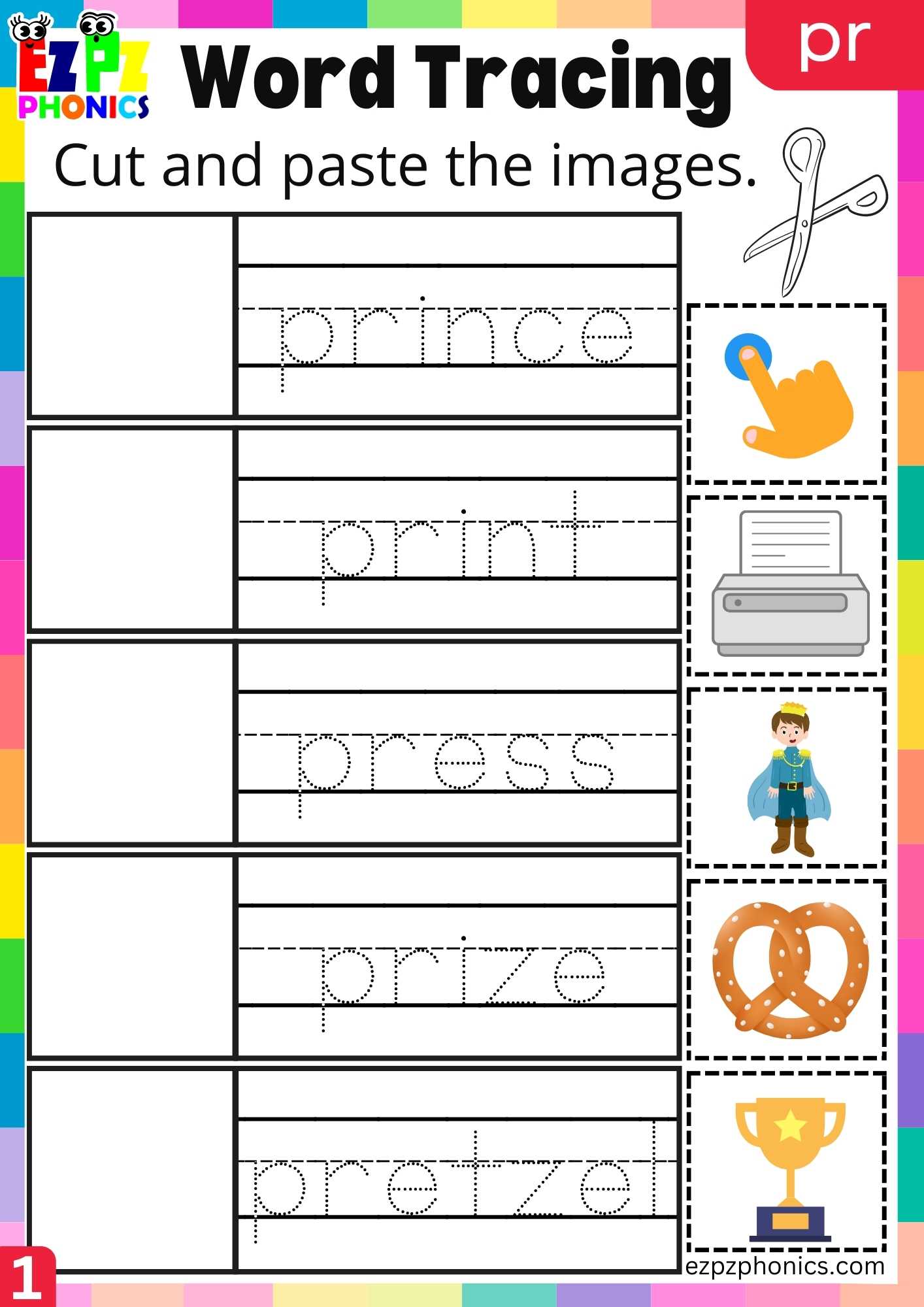 Group1 PR Words Cut And Paste The Images Phonics Consonant Blends Worksheet